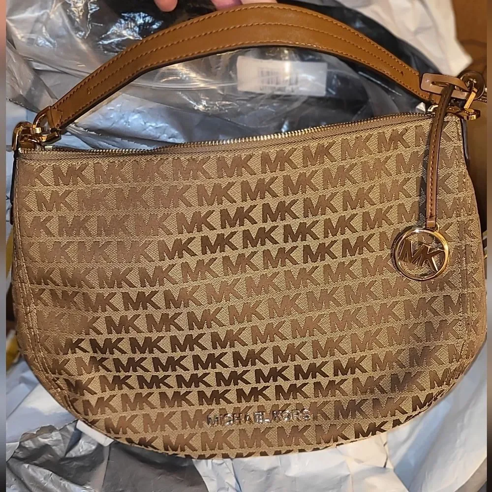 NEW Michael Kors MK Designer Bedford Hobo Bag Tan jacquard Purse Bag Crossbody